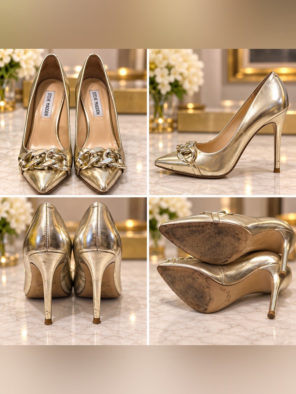 Steve Madden Lalette Metallic Gold Chain Pointed-Toe Heels – Size 8.5M